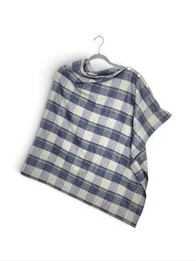 Earth Square Button Wrap/poncho. Gray/blue Tartan Plaid.
